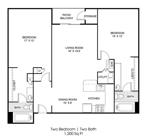 Floor plan for 2 beds, 2 baths, 1200 sqft